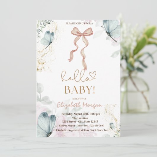 Waterverf Boog Blauwe Vlinder Stippen Baby Shower  Kaart (Staand voorkant)