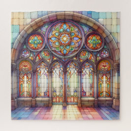 Waterverf Boog Kathedraal glas zacht geel blauw Legpuzzel