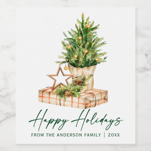 Waterverf Boom kalligrafie Inkt Script Holiday Wijn Etiket (Enkel label)