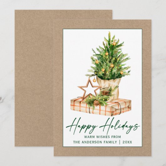 Waterverf Boom Kraft Calligraphy Green Ink Script Feestdagenkaart (Voorkant / Achterkant)