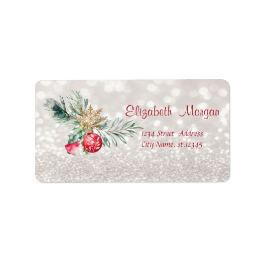 Waterverf boomtakken Rode Bal Glittery Bokeh Etiket (Voorkant)