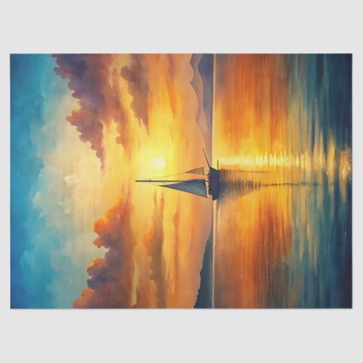 Waterverf boot in het zee zonsopgang tissuepapier (Voorkant)