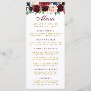 Waterverf bordeaux blauwe bloem gouden huwelijksme menu