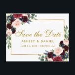 Waterverf bordeaux blauwe bloemen save the date go aankondigingskaart<br><div class="desc">Waterverf bloemen bordeaux marsala blauw goud save the date engagement kaart - bordeaux en goud tekst</div>