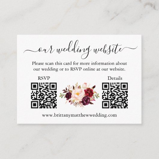 Waterverf bordeaux bloem foto 2 QR RSVP details Informatiekaartje (Voorkant)