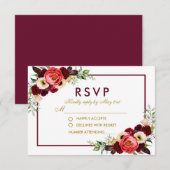 Waterverf Bordeaux Bloem Goud Boho Trouw RSVP Kaartje (Voorkant / Achterkant)