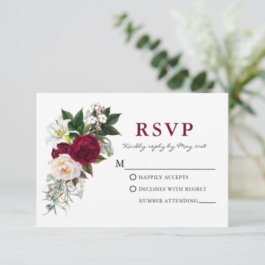 Waterverf bordeaux bloemengroen RSVP Kaartje (Staand voorkant)
