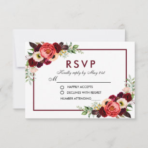 Waterverf bordeaux bloemige boho bruiloft RSVP Kaartje
