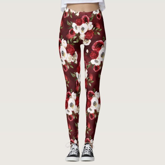 Waterverf bordeaux bloemmotief  leggings (Voorkant)