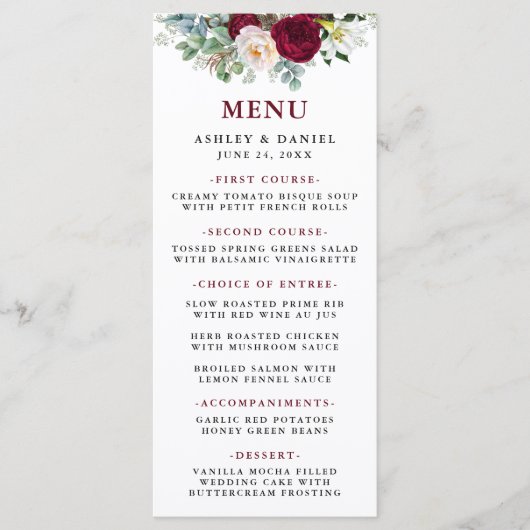 Waterverf bordeaux bloemrijke groene huwelijksmenu menu (Voorkant)
