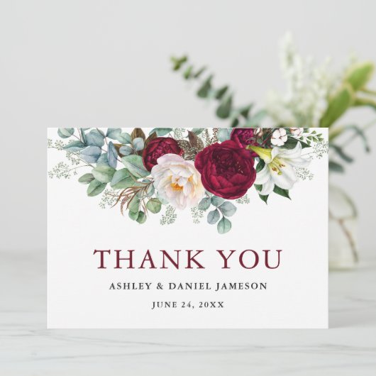 Waterverf bordeaux bloemrijke groene wedding bedankkaart (Staand voorkant)