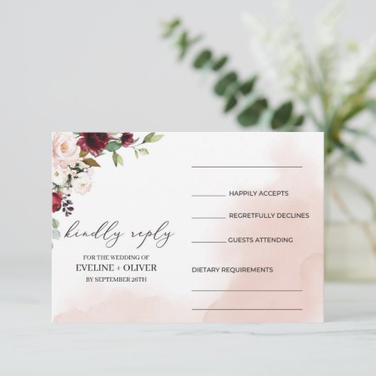 Waterverf bordeaux blozen roze bloemenboho bruilof RSVP kaartje (Staand voorkant)