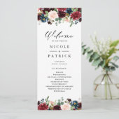 Waterverf bordeaux en blauwe bloemen bruiloft programmakaart (Staand voorkant)