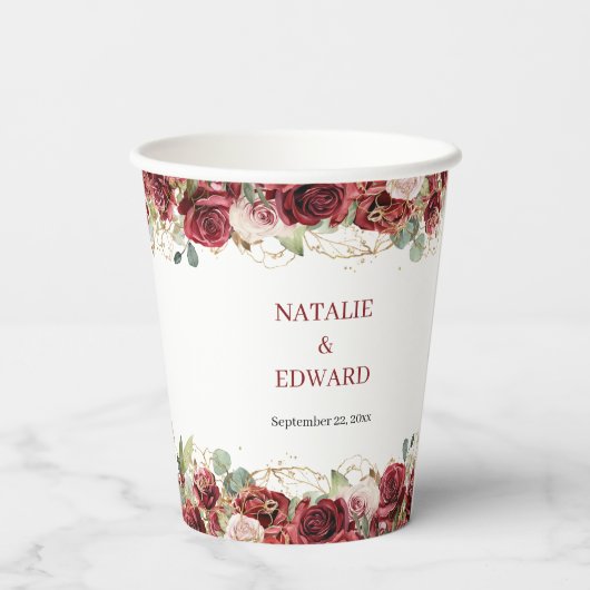 Waterverf bordeaux en blozen rozen eucalyptus papieren bekers (Achterkant)