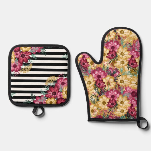 WATERVERF BORDEAUX EN GELE DAISY FLOWERS OVENWANT & PANNENLAP SET (Voorkant)