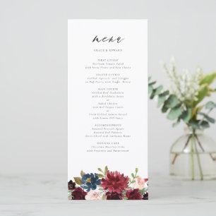 Waterverf bordeaux en marine botanische bruiloft menu