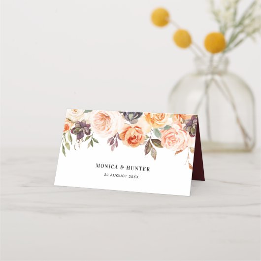 Waterverf bordeaux, gouden en blozen bruiloft plaatskaartje (Achterkant)