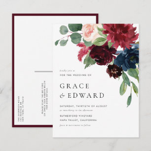 Waterverf bordeaux marine bloemencode QR trouwfees Uitnodiging Briefkaart
