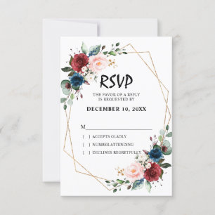 Waterverf bordeaux marineblauw bloemmotief geometr RSVP kaartje