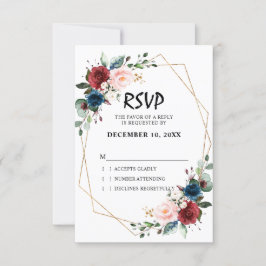 Waterverf bordeaux marineblauwe bloem geometrisch RSVP kaartje
