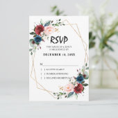 Waterverf bordeaux marineblauwe bloem geometrisch RSVP kaartje (Staand voorkant)