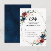 Waterverf bordeaux marineblauwe bloem geometrisch RSVP kaartje (Voorkant / Achterkant)