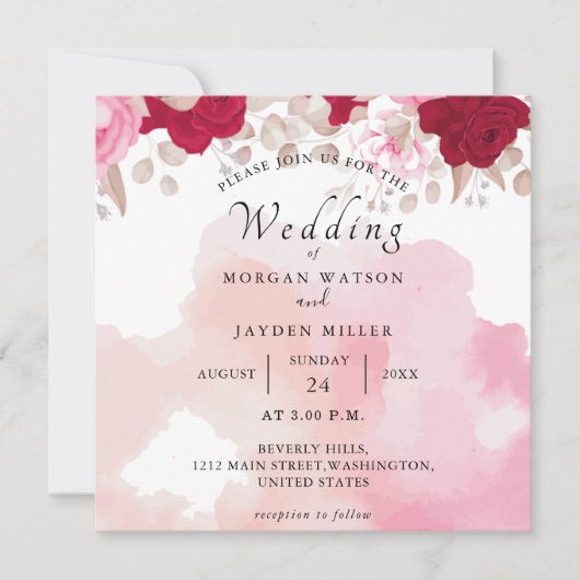 Waterverf bordeaux rood blush roze bloemenbruiloft kaart (Voorkant)