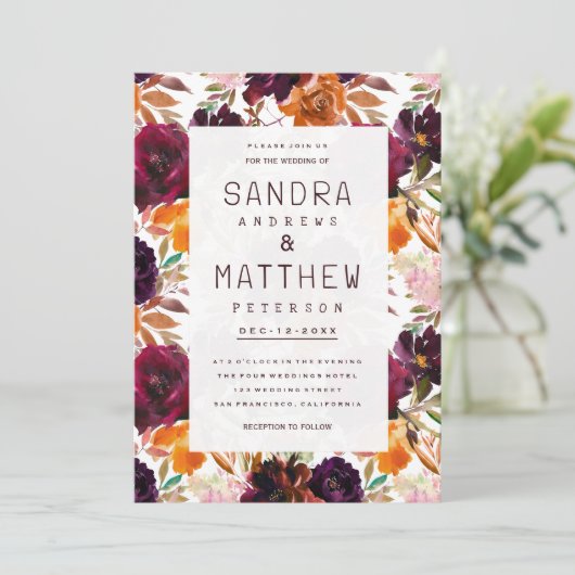 Waterverf bordeaux rood sinaasappel roze herfstbru kaart (Staand voorkant)