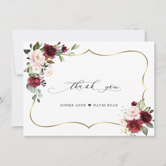 Waterverf Bordeaux Roze Bloemen Gouden Trouw  Bedankkaart (Voorkant)
