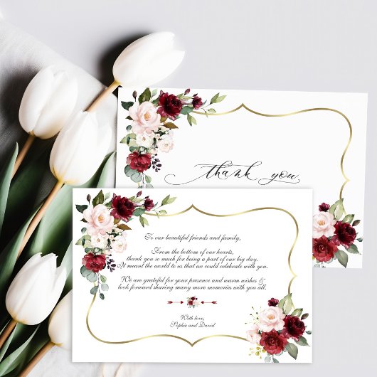 Waterverf Bordeaux Roze Bloemen Gouden Trouw  Bedankkaart