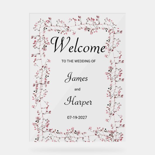 Waterverf bordeaux roze bloemenblad Welkom Acryl Bord (Voorkant)