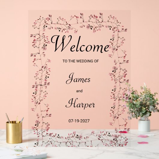 Waterverf bordeaux roze bloemenblad Welkom Acryl Bord (Huwelijk)
