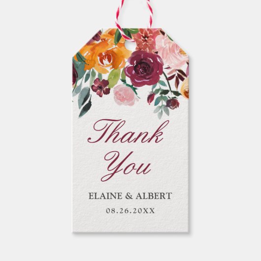 Waterverf bordeaux roze bruiloft dank u cadeaulabel (Voorkant)