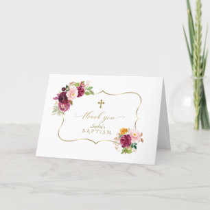 Waterverf bordeaux saffraan bloemen goud doop bedankkaart