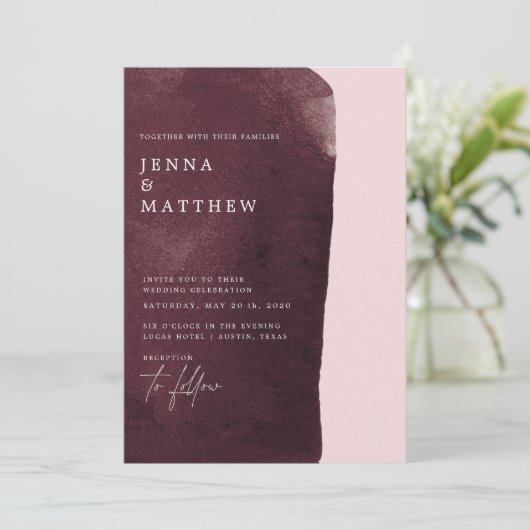 waterverf bordeaux wassen moderne bruiloft kaart (Staand voorkant)