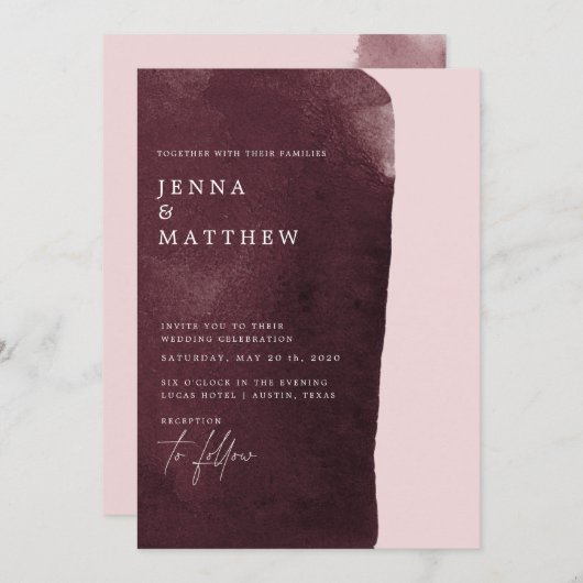 waterverf bordeaux wassen moderne bruiloft kaart (Voorkant / Achterkant)