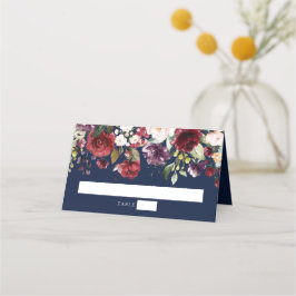 Waterverf bordeaux wijnroze bloemendecor in navy plaatskaartje