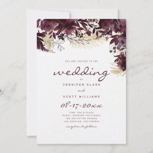 Waterverf bordeaux witgoud bloemenbruiloft kaart (Voorkant)