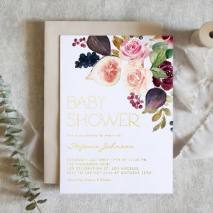 Waterverf bordeauxrode bloemen en vijgen baby show folie uitnodiging