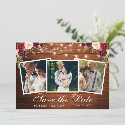 Waterverf bordeauxrood bloemmotief hout 3 foto save the date (Staand voorkant)