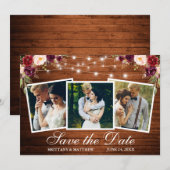 Waterverf bordeauxrood bloemmotief hout 3 foto save the date (Voorkant / Achterkant)