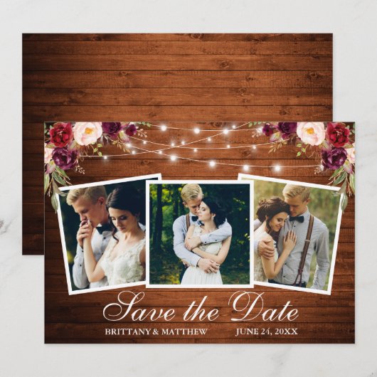 Waterverf bordeauxrood bloemmotief hout 3 foto save the date (Voorkant / Achterkant)