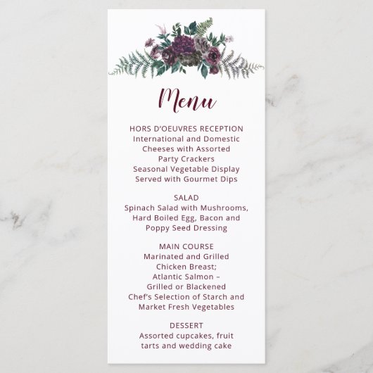 Waterverf bordeauxrood en grijs bloemen bruiloftsm menu (Voorkant)