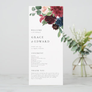 Waterverf bordeauxrood en marineblauw bloem bruilo programmakaart
