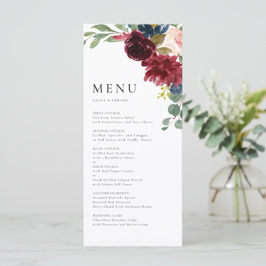 Waterverf bordeauxrood en marineblauw botanisch menu (Staand voorkant)