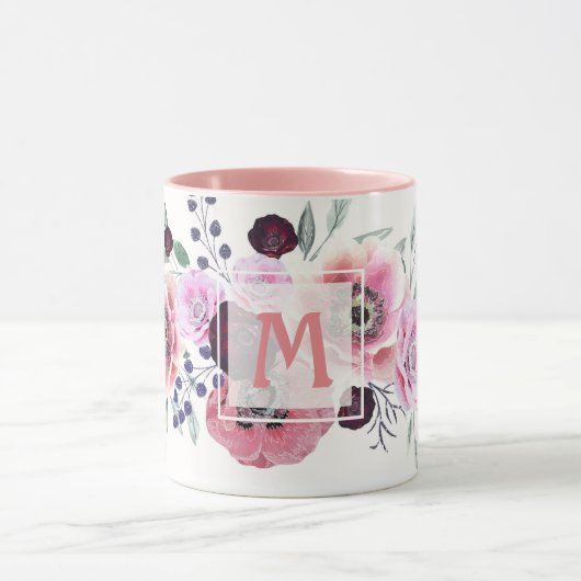 Waterverf bordeauxroze bloemen mok (Midden)