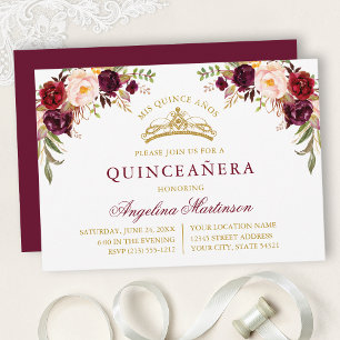 Waterverf bordeauxroze bloemig gouden Quinceanera Kaart