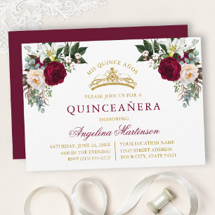 Waterverf bordeauxroze bloemstuk gouden Quinceaner Kaart