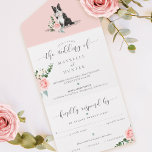 Waterverf Border Collie Dog & Floral Pink Rose All In One Uitnodiging<br><div class="desc">Prachtige hondenthema all-in-one bruiloft uitnodiging met onze handgeschilderde waterverf border Collie illustratie. De schattige zwart-witte Border Collie heeft een mooie blush roze roos, witte bloemblaadjes en groene krans ter decoratie van de hond. Eenvoudige, schone en elegante designlay-out met elegante bloemstukken vullen het ontwerp prachtig aan. Aangepast met jouw naam en...</div>