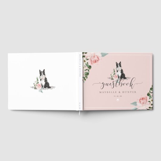 Waterverf Border Collie Dog & Floral Pink Rose Gastenboek (Volledig)